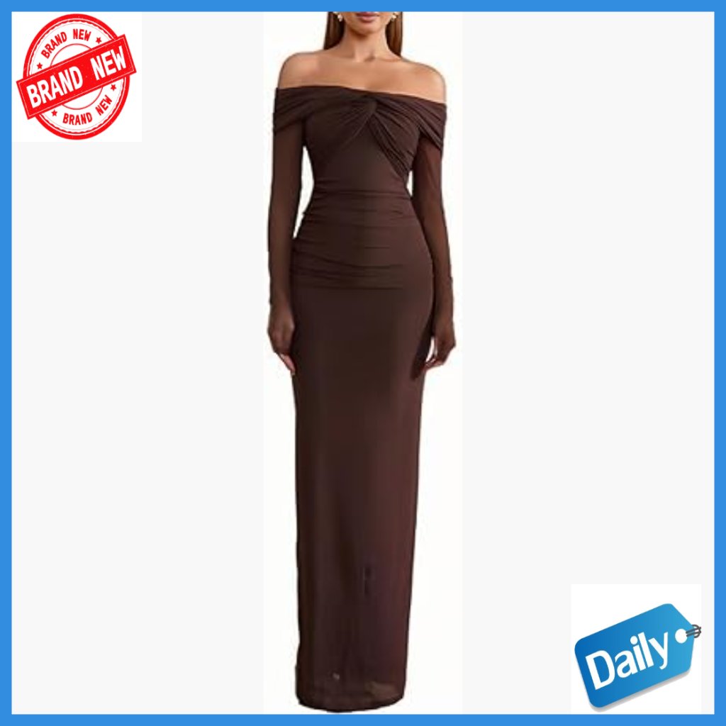Long Sleeve Off Shoulder Bodycon Maxi Dress Mesh Twist Ruched Formal